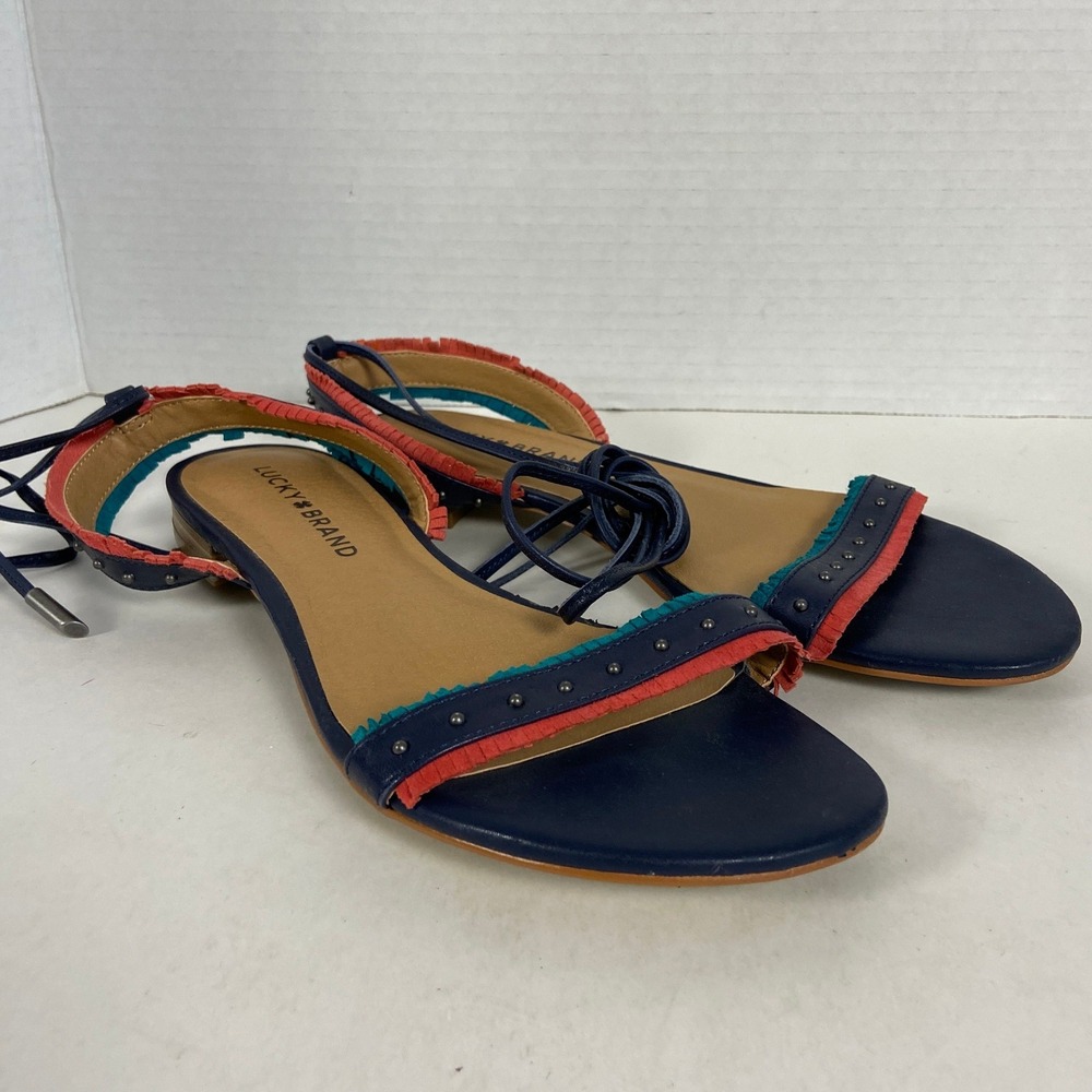 Lucky Brand Toree Navy Blue Leather Fringe Studded Lace Ankle Sandals 6M Flats
